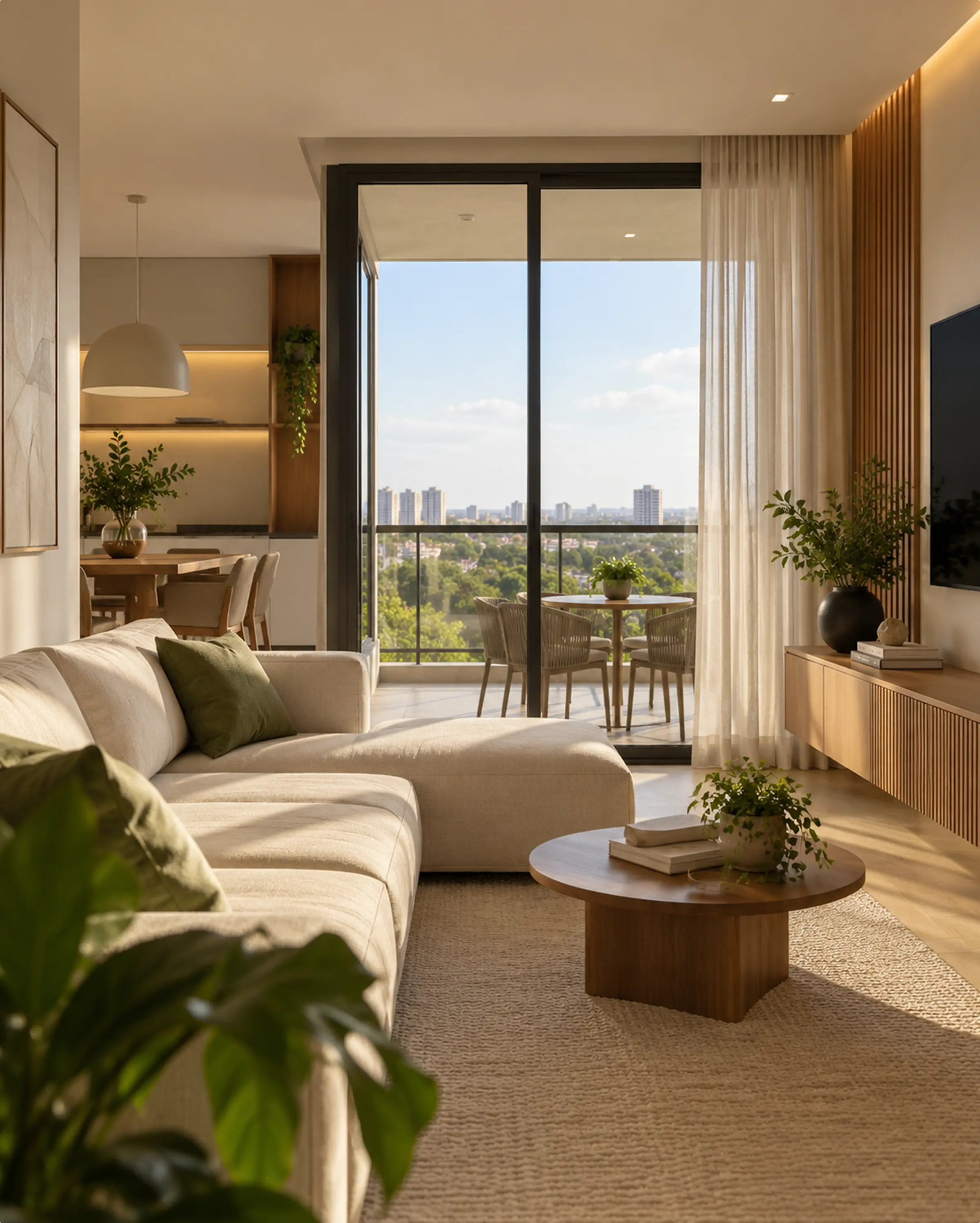 Sala de apartamento iluminada com vista para a cidade